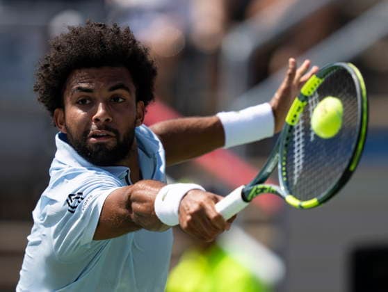 August 6, 2026, Montreal, Pq, Canada: Arthur Fils of France hits a return to Mariano Navone of Argentina during third round tennis action at the National Bank Open in Montreal on Thursday, Aug. 6, 2026. Canada News - August 6, 2026  - ZUMAc35_ 20260806_zaf_c35_020 Copyright: xChristinnexMuschix