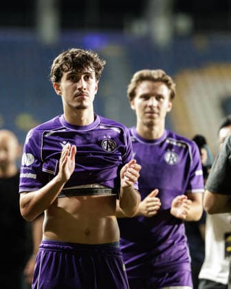 SOCCER - UEFA ECL, Beitar vs A.Wien PLOIESTI,ROMANIA,06.AUG.26 - SOCCER - UEFA Conference League, qualification, Beitar Jerusalem vs FK Austria Wien. Image shows the rejoicing of Sanel Saljic (A.Wien).  GEPAxpictures xArminxRauthner