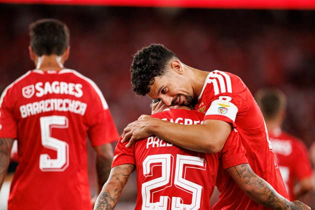 Gianluca Prestianni seen celebrating after scoring goal during UEFA Europa League qualifying game between teams of SL Benfica and Heart of Midlothian FC (Maciej Rogowski Ball Raw Images PT) Lisbon Estadio Da Luz Portugal Copyright: xMaciejxRogowskix maciejrogowski_benfica_hearts_2627-18