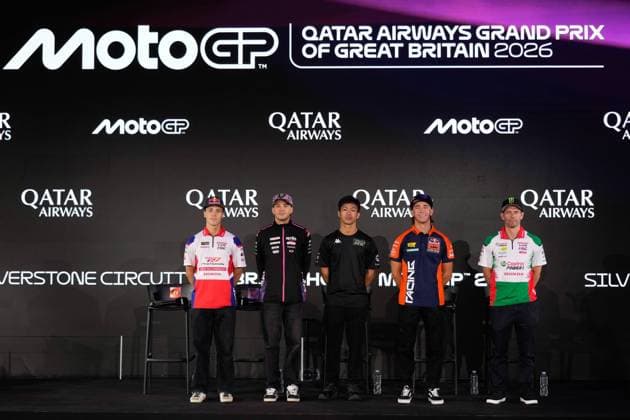 press conference, PK, Pressekonferenz before Qatar Airways Grand Prix of the United Kingdom of MotoGP at Silverstone Circuit. 06 August 2026 In picture: Ai Ogura (SuperFile Trackhouse MotoGP Team), Marco Bezzecchi (Aprilia Racing), Pedro Acosta (Red Bull KTM Factory Racing), Diogo Moreira (PRO Honda LCR) y Cal Crutchlow (Honda LCR) Rueda de prensa previa al Gran Premio Qatar Airways de MotoGP del Reino Unido en el circuito de Silverstone. 06 de Agosto de 2026 POOL MotoGP.com Cordon Press Images will be for editorial use only. Mandatory credit: MotoGP.com Cordon Press 