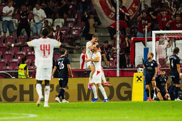 SOCCER - UEFA EL, RBS vs Pafos SALZBURG,AUSTRIA,06.AUG.26 - SOCCER - UEFA Europa League, qualification, Red Bull Salzburg vs Pafos FC. Image shows the rejoicing of Salzburg.  GEPAxpictures xJulioxArellano