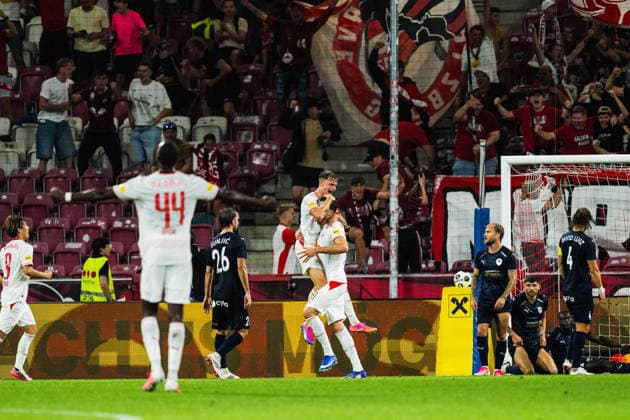 SOCCER - UEFA EL, RBS vs Pafos SALZBURG,AUSTRIA,06.AUG.26 - SOCCER - UEFA Europa League, qualification, Red Bull Salzburg vs Pafos FC. Image shows the rejoicing of Salzburg.  GEPAxpictures xJulioxArellano