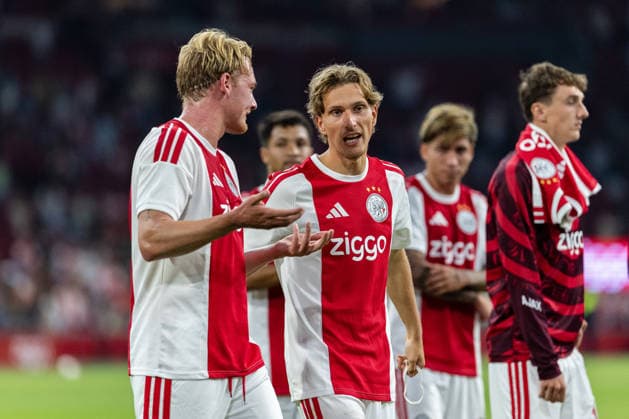 AFC Ajax v Shelbourne FC - UEFA Conference League AMSTERDAM, NETHERLANDS - AUGUST 6: Mika Godts and Julian Brandt of AFC Ajax during the UEFA Conference League match between AFC Ajax and Shelbourne FC at Johan Cruijff Arena on August 6, 2026 in Amsterdam, Netherlands. Amsterdam Johan Cruijff Arena Netherlands Content not available for redistribution in The Netherlands directly or indirectly through any third parties. Copyright: xMarcelxvanxPlateringenx