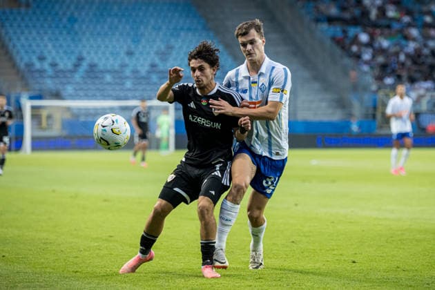 Jaly Mouaddib, Taras Mykhavko seen during UEFA Conference League 26 27 3rd qualifying round 1st leg match between teams of Dinamo Kyiv and Qarabag FK (Jan Borys Ball Raw Images) Lublin Arena Lublin Poland Copyright: xJanxBorysx janborys_dynamo_qarabag_2627-15