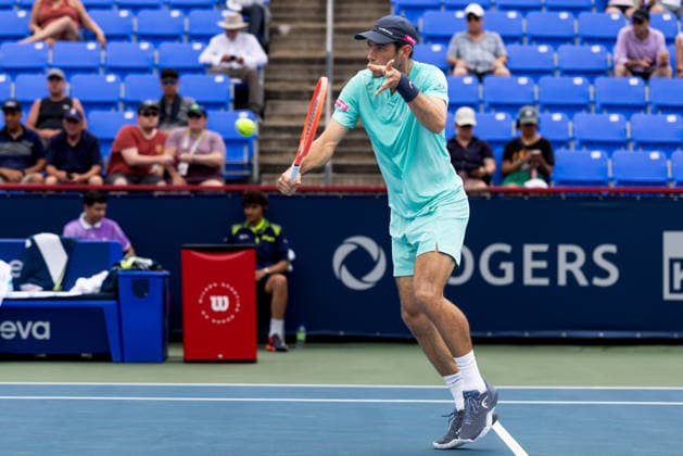 August 6, 2026, Montreal, Quebec, Canada: NUNO BORGES from Portugal backhand in match against Yannick Hanfmann from Germany in third round at Canadian Open at IGA stadium in Montreal, Quebec, Canada on 2026-08-06 Montreal Canada - ZUMAl189 20260806_zsp_l189_047 Copyright: xYannickxLegarex