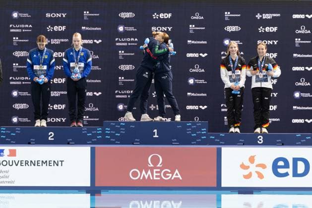 Men 10m platform diving final European Aquatics Championships - Saint-Denis Silver medallists Ukraine s diver Diana Karnafel and Ukraine s diver Kseniia Bochek, gold medallists Italy s diver Elisa Pizzini and Italy s diver Chiara Pellacani and bronze medallists Germany s diver Jette Muller and Germany s diver Lena Corona Hentschel celebrate on the podium after the women s 3m springboard syncro diving final event during the LEN European Aquatics Championships, at the Olympic Aquatics Centre in Saint-Denis, northeastern suburbs of Paris on August 6, 2026. Photo by Raphael Lafargue ABACAPRESS.COM Saint-Denis France  Copyright: xLafarguexRaphael ABACAx
