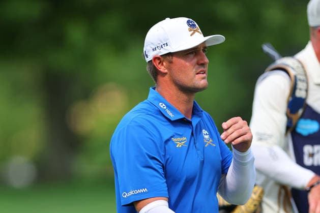 BEDMINSTER, NJ - AUGUST 06: Bryson DeChambeau, Crushers GC captain of the LIV Golf League on the 9th fairway during the first round of LIV Golf New York on August 6, 2026 at Trump National Golf Club in Bedminster, New Jersey. (Photo by Rich Graessle Icon Sportswire) GOLF: AUG 06 LIV Golf New York EDITORIAL USE ONLY Icon260806298861