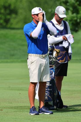 BEDMINSTER, NJ - AUGUST 06: Bryson DeChambeau, Crushers GC captain of the LIV Golf League uses a range finder on the 9th fairway during the first round of LIV Golf New York on August 6, 2026 at Trump National Golf Club in Bedminster, New Jersey. (Photo by Rich Graessle Icon Sportswire) GOLF: AUG 06 LIV Golf New York EDITORIAL USE ONLY Icon260806298871
