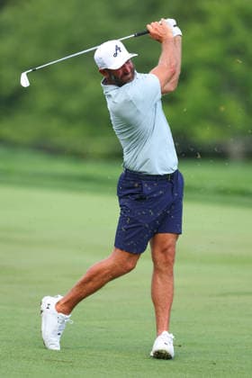 BEDMINSTER, NJ - AUGUST 06: Dustin Johnson captain of 4Aces GC of the LIV Golf League hits from the 9th fairway during the first round of LIV Golf New York on August 6, 2026 at Trump National Golf Club in Bedminster, New Jersey. (Photo by Rich Graessle Icon Sportswire) GOLF: AUG 06 LIV Golf New York EDITORIAL USE ONLY Icon260806299011