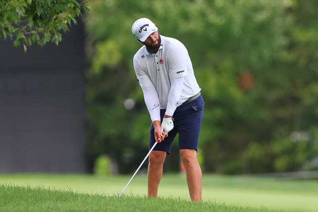 BEDMINSTER, NJ - AUGUST 06: Jon Rahm captain of Legion XIII plays from the 9th rough during the first round of LIV Golf New York on August 6, 2026 at Trump National Golf Club in Bedminster, New Jersey. (Photo by Rich Graessle Icon Sportswire) GOLF: AUG 06 LIV Golf New York EDITORIAL USE ONLY Icon260806299271