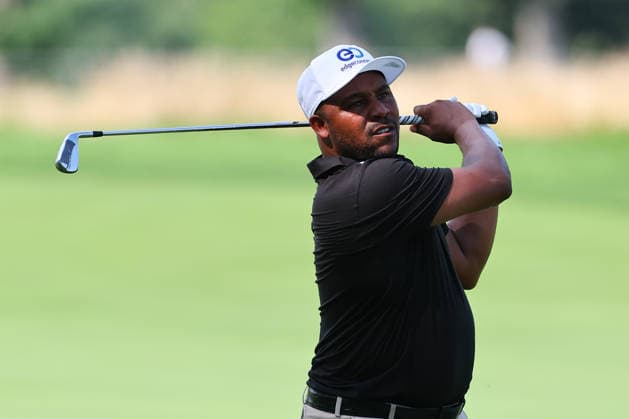 BEDMINSTER, NJ - AUGUST 06: Harold Varner III, of OKGC plays from the 9th fairway during the first round of LIV Golf New York on August 6, 2026 at Trump National Golf Club in Bedminster, New Jersey. (Photo by Rich Graessle Icon Sportswire) GOLF: AUG 06 LIV Golf New York EDITORIAL USE ONLY Icon260806299541