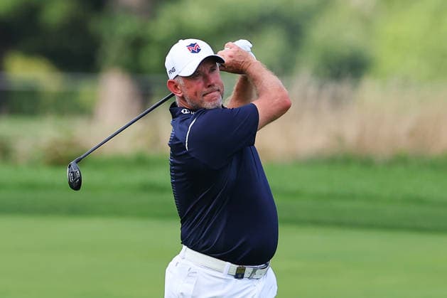 BEDMINSTER, NJ - AUGUST 06: Lee Westwood Captain of Majesticks Golf Club plays from the 9th fairway during the first round of LIV Golf New York on August 6, 2026 at Trump National Golf Club in Bedminster, New Jersey. (Photo by Rich Graessle Icon Sportswire) GOLF: AUG 06 LIV Golf New York EDITORIAL USE ONLY Icon260806299621