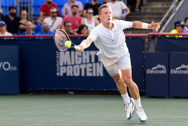 August 6, 2026, Montreal, Quebec, Canada: JIRI LEHECKA (8)from Czech Republic forehand in match against Alexander Blockx (27) from Belgium in third round at Canadian Open at IGA stadium in Montreal, Quebec, Canada on 2026-08-06 Montreal Canada - ZUMAl189 20260806_zsp_l189_103 Copyright: xYannickxLegarex
