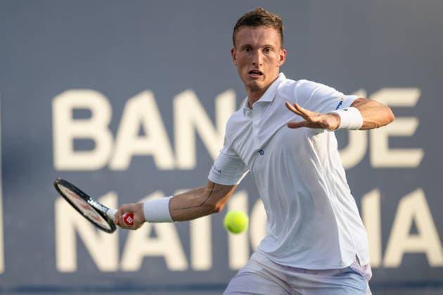 MONTREAL, QC - AUGUST 06: Jiri Lehecka from Czeckia returns the ball against Alexander Blockk from Belgium during their singles third round match on day five of the ATP, Tennis Herren 1000 National Bank Open presented by Rogers at Stade IGA on August 6, 2026 in Montreal, Quebec, Canada.(Photo by Vincent Ethier Icon Sportswire)( TENNIS: AUG 06 National Bank Open EDITORIAL USE ONLY Icon2608061116
