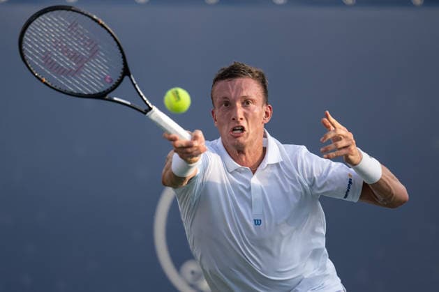 MONTREAL, QC - AUGUST 06: Jiri Lehecka from Czeckia returns the ball against Alexander Blockk from Belgium during their singles third round match on day five of the ATP, Tennis Herren 1000 National Bank Open presented by Rogers at Stade IGA on August 6, 2026 in Montreal, Quebec, Canada.(Photo by Vincent Ethier Icon Sportswire)( TENNIS: AUG 06 National Bank Open EDITORIAL USE ONLY Icon2608061343