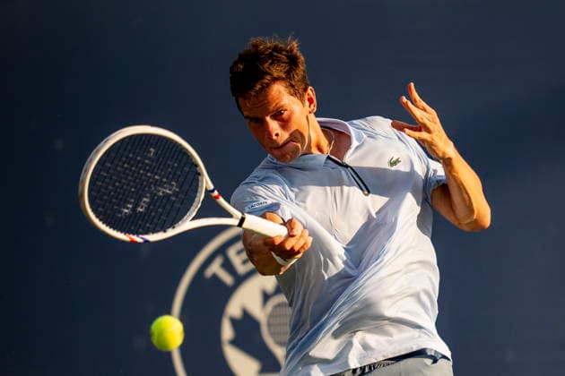 August 6, 2026, Montreal, Pq, Canada: Alexander Blockx of Belgium returns a shot from Jiri Lehecka from Czechia on day five of the National Bank Open tennis tournament in Montreal on Thursday, August 6, 2026. Canada News - August 6, 2026  - ZUMAc35_ 20260806_zaf_c35_074 Copyright: xChristopherxKatsarovx