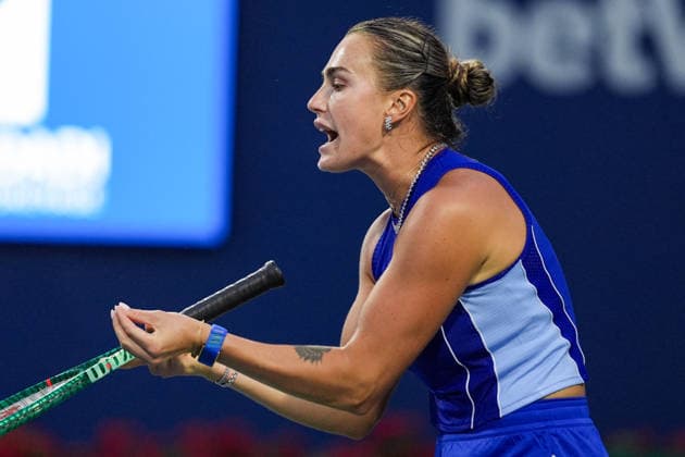 WTA, Tennis Damen Masters 1000 National Bank Open Toronto 2026 - Round of 32 - Day 6 Aryna Sabalenka of Belarus reacts during the Women™s Singles round of 32 match against Zhang Shuai of China on day 6 of the WTA Masters 1000 National Bank Open at Sobeys Stadium on August 6, 2026, in Toronto, Canada. (Photo by Leonardo Ramirez Eyepix Group) Copyright: xLeonardoxRamirezx xEyepixxGroupx LR_06082026_194365