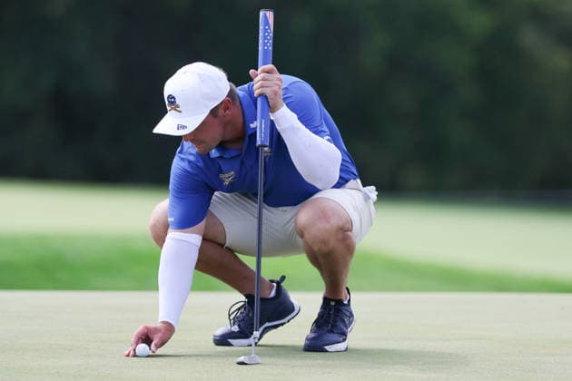 BEDMINSTER, NJ - AUGUST 06: Bryson DeChambeau of the LIV Golf League lines up his putt on the 8th hole during the first round of LIV Golf New York on August 6, 2026 at Trump National Golf Club in Bedminster, New Jersey. (Photo by Andrew Mordzynski Icon Sportswire) GOLF: AUG 06 LIV Golf New York EDITORIAL USE ONLY Icon2608068128961