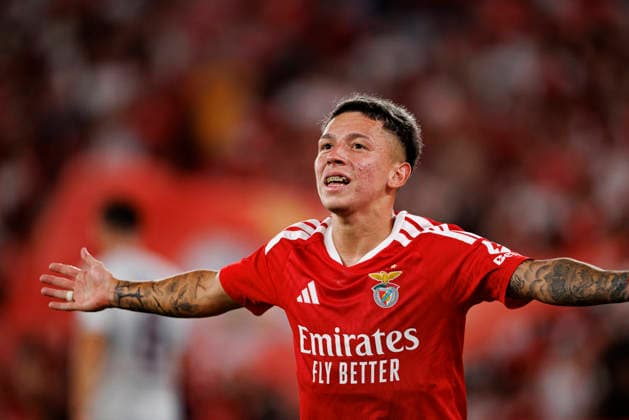 Gianluca Prestianni seen celebrating after scoring goal during UEFA Europa League qualifying game between teams of SL Benfica and Heart of Midlothian FC (Maciej Rogowski Ball Raw Images PT) Lisbon Estadio Da Luz Portugal Copyright: xMaciejxRogowskix maciejrogowski_slbenfica_hearts_2627_5-202