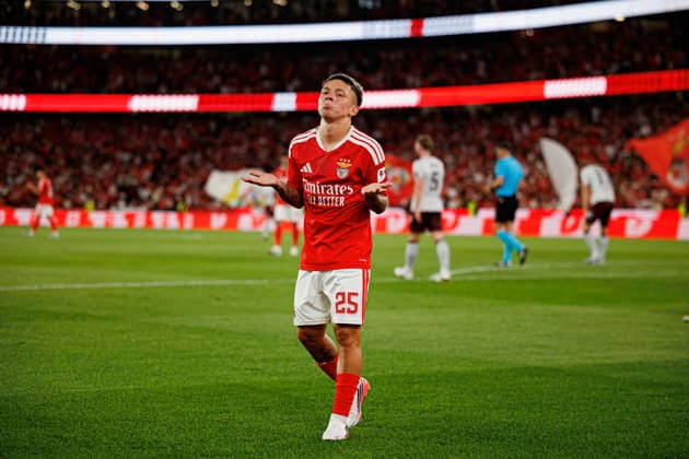Gianluca Prestianni seen celebrating after scoring goal during UEFA Europa League qualifying game between teams of SL Benfica and Heart of Midlothian FC (Maciej Rogowski Ball Raw Images PT) Lisbon Estadio Da Luz Portugal Copyright: xMaciejxRogowskix maciejrogowski_slbenfica_hearts_2627_5-211