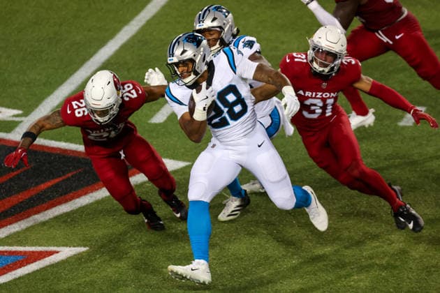 CANTON, OH - AUGUST 06: Carolina Panthers running back AJ Dillon (28) carries the football during the second quarter of the National Football League preseason game between the Carolina Panthers and Arizona Cardinals on August 6, 2026, at the Tom Benson Hall of Fame Stadium in Canton, OH. (Photo by Frank Jansky Icon Sportswire) NFL, American Football Herren, USA AUG 06 Hall of Fame Game - Panthers vs Cardinals EDITORIAL USE ONLY Icon26080602