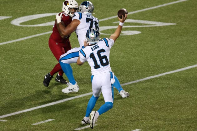 CANTON, OH - AUGUST 06: Carolina Panthers quarterback Haynes King (16) throws a pass during the second quarter of the National Football League preseason game between the Carolina Panthers and Arizona Cardinals on August 6, 2026, at the Tom Benson Hall of Fame Stadium in Canton, OH. (Photo by Frank Jansky Icon Sportswire) NFL, American Football Herren, USA AUG 06 Hall of Fame Game - Panthers vs Cardinals EDITORIAL USE ONLY Icon26080604