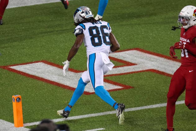 CANTON, OH - AUGUST 06: Carolina Panthers wide receiver Ja seem Reed (86) scores on a 15-yard touchdown pass during the second quarter of the National Football League preseason game between the Carolina Panthers and Arizona Cardinals on August 6, 2026, at the Tom Benson Hall of Fame Stadium in Canton, OH. (Photo by Frank Jansky Icon Sportswire) NFL, American Football Herren, USA AUG 06 Hall of Fame Game - Panthers vs Cardinals EDITORIAL USE ONLY Icon26080605
