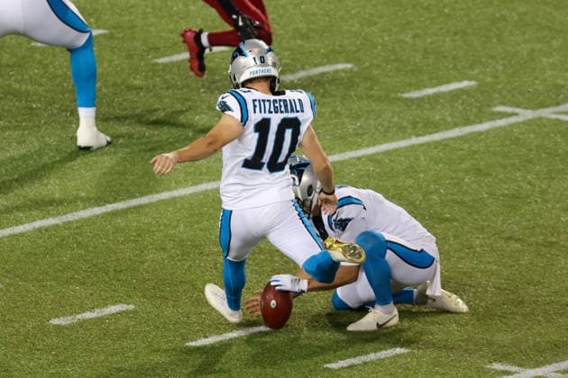 CANTON, OH - AUGUST 06: Carolina Panthers kicker Ryan Fitzgerald (10) kicks an extra point during the second quarter of the National Football League preseason game between the Carolina Panthers and Arizona Cardinals on August 6, 2026, at the Tom Benson Hall of Fame Stadium in Canton, OH. (Photo by Frank Jansky Icon Sportswire) NFL, American Football Herren, USA AUG 06 Hall of Fame Game - Panthers vs Cardinals EDITORIAL USE ONLY Icon26080607