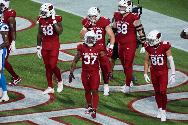 CANTON, OH - AUGUST 06: Arizona Cardinals running back Corey Kiner (37) celebrates after scoring n a 1-yard run during the second quarter of the National Football League preseason game between the Carolina Panthers and Arizona Cardinals on August 6, 2026, at the Tom Benson Hall of Fame Stadium in Canton, OH. (Photo by Frank Jansky Icon Sportswire) NFL, American Football Herren, USA AUG 06 Hall of Fame Game - Panthers vs Cardinals EDITORIAL USE ONLY Icon26080646