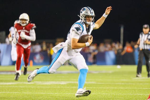 August 6, 2026, Canton, Ohio, USA: Carolina Panthers quarterback MIKE WHITE (16) runs the ball at the 2026 Pro Football Hall of Fame Game between the Carolina Panthers and Arizona Cardinals at Tom Benson Hall of Fame Stadium on August 6, 2026 in Canton, Ohio. NFL, American Football Herren, USA 2026: Hall Of Fame Game - Carolina Panthers Vs. Arizona Cardinals - NFL Preseason 2026  - ZUMAs335 20260806_znp_s335_002 Copyright: xMatthewxSmithx