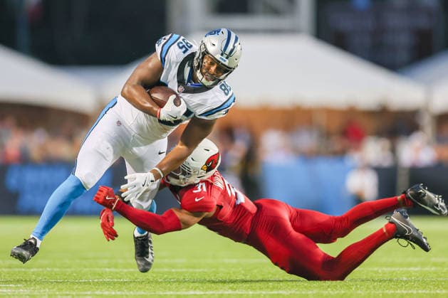 August 6, 2026, Canton, Ohio, USA: Carolina Panthers tight end JAMES MITCHELL (85) is tackled by Arizona Cardinals running back EMARI DEMERCADO (31) at the 2026 Pro Football Hall of Fame Game between the Carolina Panthers and Arizona Cardinals at Tom Benson Hall of Fame Stadium on August 6, 2026 in Canton, Ohio. Canton USA - ZUMAs335 20260806_znp_s335_023 Copyright: xMatthewxSmithx