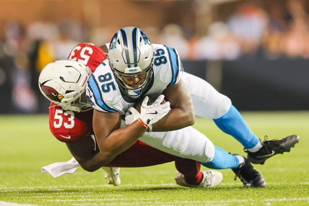 August 6, 2026, Canton, Ohio, USA: Carolina Panthers tight end JAMES MITCHELL (85) is tackled by a Arizona Cardinals player at the 2026 Pro Football Hall of Fame Game between the Carolina Panthers and Arizona Cardinals at Tom Benson Hall of Fame Stadium on August 6, 2026 in Canton, Ohio. Canton USA - ZUMAs335 20260806_znp_s335_029 Copyright: xMatthewxSmithx