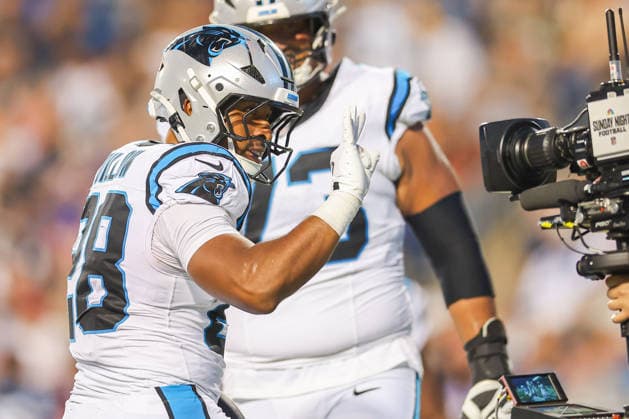 August 6, 2026, Canton, Ohio, USA: Carolina Panthers defensive back DAMARRI MATHIS (28) celebrates a touchdown at the 2026 Pro Football Hall of Fame Game between the Carolina Panthers and Arizona Cardinals at Tom Benson Hall of Fame Stadium on August 6, 2026 in Canton, Ohio. NFL, American Football Herren, USA 2026: Hall Of Fame Game - Carolina Panthers Vs. Arizona Cardinals - NFL Preseason 2026  - ZUMAs335 20260806_znp_s335_025 Copyright: xMatthewxSmithx