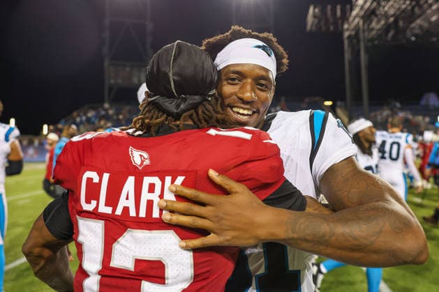 August 6, 2026, Canton, Ohio, USA: Carolina Panthers cornerback COREY THORNTON (31) and Arizona Cardinals cornerback KEI TREL CLARK (13) hug following the 2026 Pro Football Hall of Fame Game between the Carolina Panthers and Arizona Cardinals at Tom Benson Hall of Fame Stadium on August 6, 2026 in Canton, Ohio. Canton USA - ZUMAs335 20260806_znp_s335_047 Copyright: xMatthewxSmithx