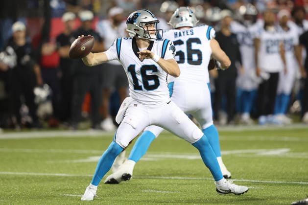 Carolina Panthers quarterback Haynes King (16) throws a pass during the third quarter of the Panthers preseason game against the Arizona Cardinals in the Pro Football Hall of Fame Game in Canton, Ohio, on Thursday, August 6, 2026.  CAN20260806127 AARONxJOSEFCZYK