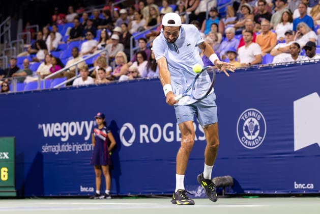 August 6, 2026, Montreal, Quebec, Canada: TITOUAN DROGUET from France backhand in match against Brandon Nakashima (28) from USA in third round at Canadian Open at IGA stadium in Montreal, Quebec, Canada on 2026-08-06 Montreal Canada - ZUMAl189 20260806_zsp_l189_156 Copyright: xYannickxLegarex