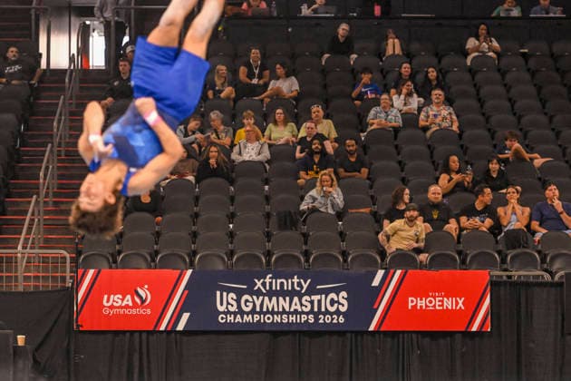 Gymnastics: Gymnastics: Xfinity US Gymnastics Championships Asher Corbett of Mini-Hops competes on floor exercise in the junior division of the Xfinity USA Gymnastics Championship at the Mortgage Matchup Center in Phoenix, Arizona, Thursday, August 6, 2026. (Thomas Fernandez Image of . Phoenix Arizona United States EDITORIAL USE ONLY Copyright: xx ThomasxFernandezx iosphotos417396