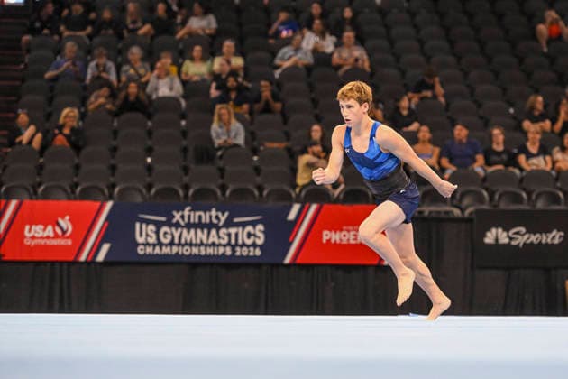 Gymnastics: Gymnastics: Xfinity US Gymnastics Championships Abe Stewart of Momentum competes on floor exercise in the junior division of the Xfinity USA Gymnastics Championship at the Mortgage Matchup Center in Phoenix, Arizona, Thursday, August 6, 2026. (Thomas Fernandez Image of . Phoenix Arizona United States EDITORIAL USE ONLY Copyright: xx ThomasxFernandezx iosphotos417398