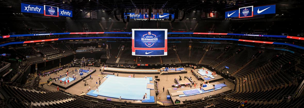 Gymnastics: Gymnastics: Xfinity US Gymnastics Championships Competition floor sits before the junior division of the Xfinity USA Gymnastics Championship at the Mortgage Matchup Center in Phoenix, Arizona, Thursday, August 6, 2026. (Thomas Fernandez Image of . Phoenix Arizona United States EDITORIAL USE ONLY Copyright: xx ThomasxFernandezx iosphotos417336