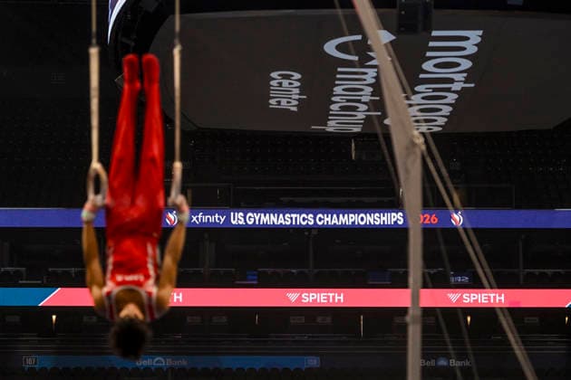 Gymnastics: Gymnastics: Xfinity US Gymnastics Championships Andres Aranda of HGA competes on still rings exercise in the junior division of the Xfinity USA Gymnastics Championship at the Mortgage Matchup Center in Phoenix, Arizona, Thursday, August 6, 2026. (Thomas Fernandez Image of . Phoenix Arizona United States EDITORIAL USE ONLY Copyright: xx ThomasxFernandezx iosphotos417390