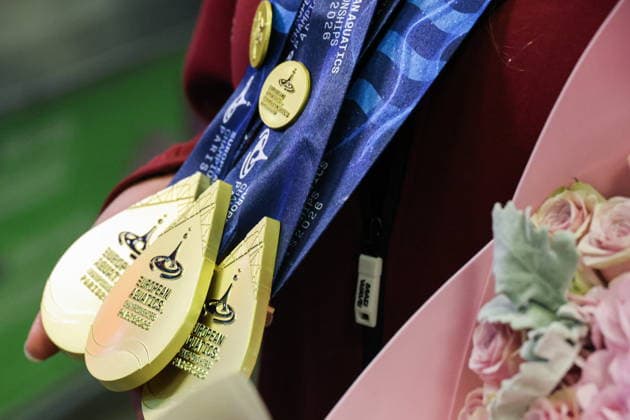 RUSSIA, MOSCOW - AUGUST 7, 2026: Gold medals are pictured during the Russian national synchronised swimming team’s arrival at Vnukovo Airport. The team returned from France after the 2026 European Aquatics Championships, held in Paris from July 31 to August 16, having won three gold, one silver, and three bronze medals. Russian athletes performed in the event under a neutral status. Vladimir Gerdo TASS  95870562