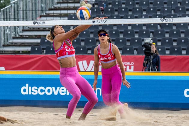 HAMBURG, GERMANY - AUGUST 7: Brandie Wilkerson (Player No. 2, CAN), Melissa Humana-Paredes (Player No. 1, CAN) during the Beach Pro Tour - Elite 16 at Hamburg on August 7, 2026 in Hamburg, Germany. Germany Copyright: xPeterxWeberx