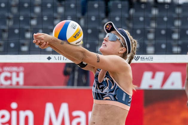 HAMBURG, GERMANY - AUGUST 7: Svenja Müller (Player No. 1, GER) during the Beach Pro Tour - Elite 16 at Hamburg on August 7, 2026 in Hamburg, Germany. Germany Copyright: xPeterxWeberx