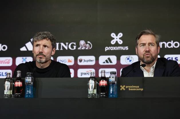 Belgium s head coach Mark van Bommel and RBFA sports director Vincent Mannaert are pictured during a press conference, PK, Pressekonferenz of Belgian national soccer team Red Devils to present their new head coach , on Friday 7 August 2026, at the RBFA headquarters in Tubize. BRUNOxFAHY  x182892481x