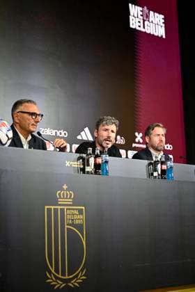 Presentation of Mark Van Bommel new head coach of the Belgian National Football Team TUBIZE, BELGIUM - AUGUST 07 : Steegen David Sports Communication Director of Royal Belgian Football Federation and Mannaert Vincent sports director of Royal Belgian Football Federation during the Official presentation of Mark Van Bommel as new federal head coach of the Belgian National football team at the Belgian National Football center on August 07, 2026 in Tubize, Belgium, 07 08 2026 Tubize Belgium  Copyright: xNicoxVereeckenx