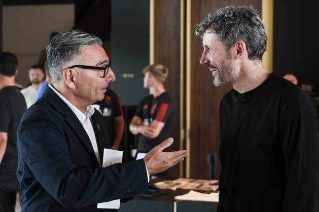 Belgium s spokesman David Steegen and Belgium s head coach Mark van Bommel are pictured during a press conference, PK, Pressekonferenz of Belgian national soccer team Red Devils to present their new head coach , on Friday 7 August 2026, at the RBFA headquarters in Tubize. BRUNOxFAHY  x182892595x