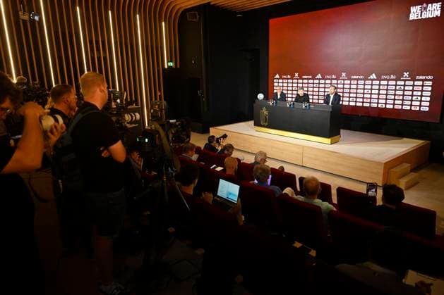 Presentation of Mark Van Bommel new head coach of the Belgian National Football Team TUBIZE, BELGIUM - AUGUST 07 : Steegen David Sports Communication Director of Royal Belgian Football Federation and Mannaert Vincent sports director of Royal Belgian Football Federation during the Official presentation of Mark Van Bommel as new federal head coach of the Belgian National football team at the Belgian National Football center on August 07, 2026 in Tubize, Belgium, 07 08 2026 Tubize Belgium  Copyright: xNicoxVereeckenx