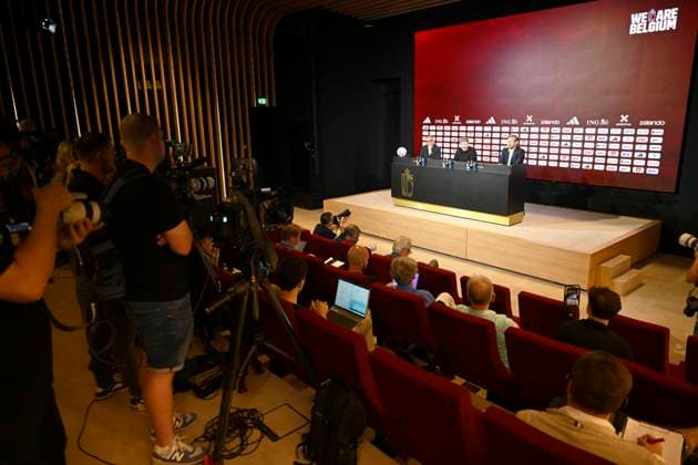 Presentation of Mark Van Bommel new head coach of the Belgian National Football Team TUBIZE, BELGIUM - AUGUST 07 : Steegen David Sports Communication Director of Royal Belgian Football Federation and Mannaert Vincent sports director of Royal Belgian Football Federation during the Official presentation of Mark Van Bommel as new federal head coach of the Belgian National football team at the Belgian National Football center on August 07, 2026 in Tubize, Belgium, 07 08 2026 Tubize Belgium  Copyright: xNicoxVereeckenx