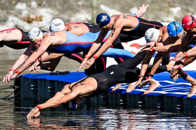 Athletes compete in the open water swimming 3km Knockout Men Final during the European Aquatics Championships at the River Seine in Paris (France), August 7, 2026. Andrea Staccioli Deepbluemedia Insidefoto