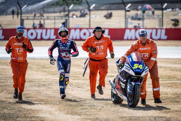 RECORD DATE NOT STATED 7th August 2026; Silverstone Circuit, Northamptonshire, England; 2026 MotoGP Grand Prix of Great Britain, Free Practice Day; Alberto Ferrandez of the BLU CRU Pramac Yamaha Moto2 Team is escorted off the track by marshalls GodfreyxPitt
